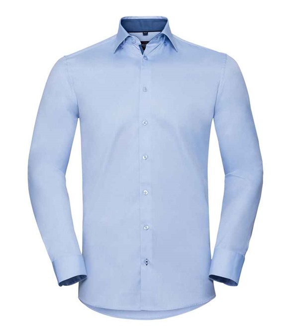 Russell Athletic Collection Long Sleeve Contrast Herringbone Shirt – Light Blue/Mid Blue