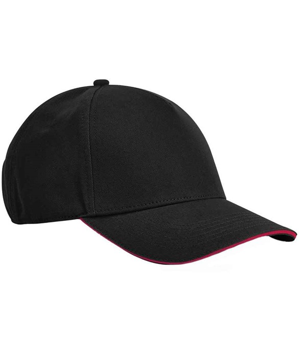 Beechfield EarthAware Classic Organic Cotton 5 Panel Sandwich Peak Cap – Black/Classic Red
